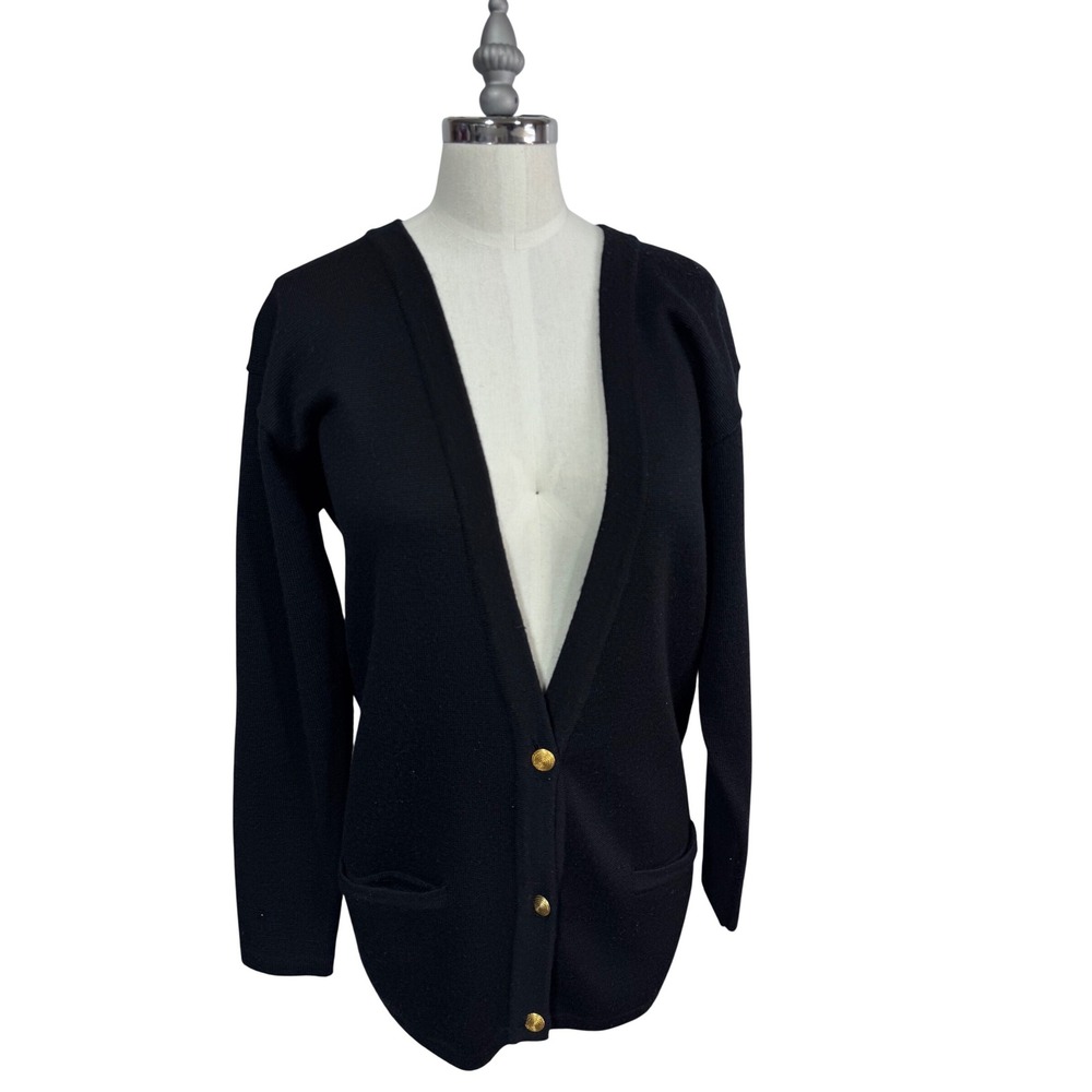 Talbots 100% Wool Black Cardigan Gold Buttons V Neck Classic Women's S‎